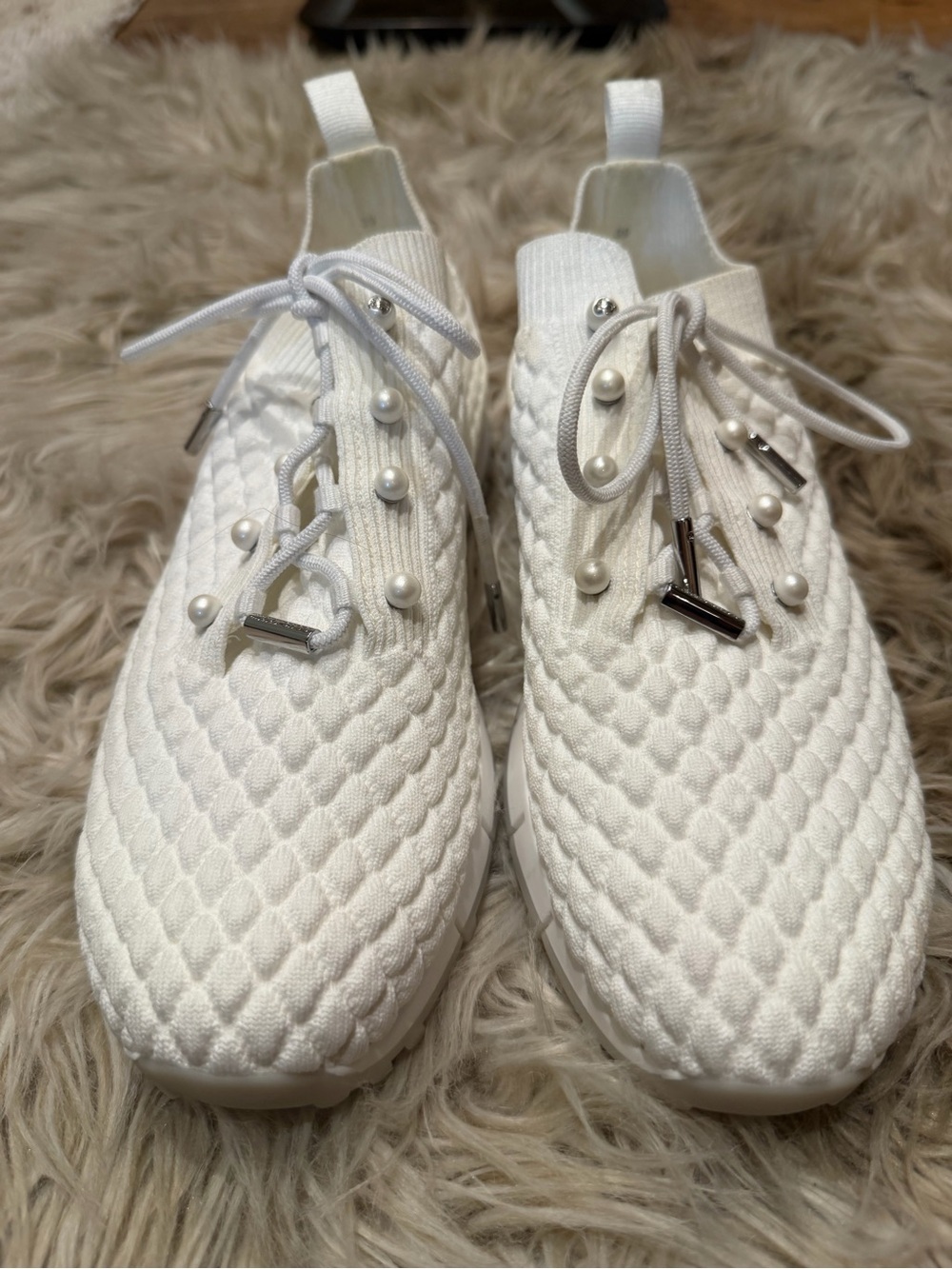 Jimmy Choo White Knit Pearl-Embellished Slip-On Sneakers
